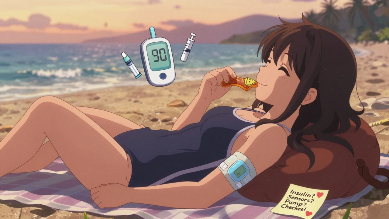 A person relaxes on a beach with secure CGM sensor and fruit leather snack, backup meter floating nearby, sunset in background.