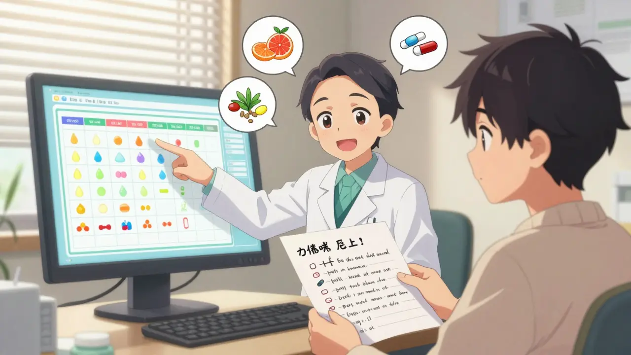 A pharmacist and patient reviewing a colorful medication chart in a sunlit clinic consultation room.