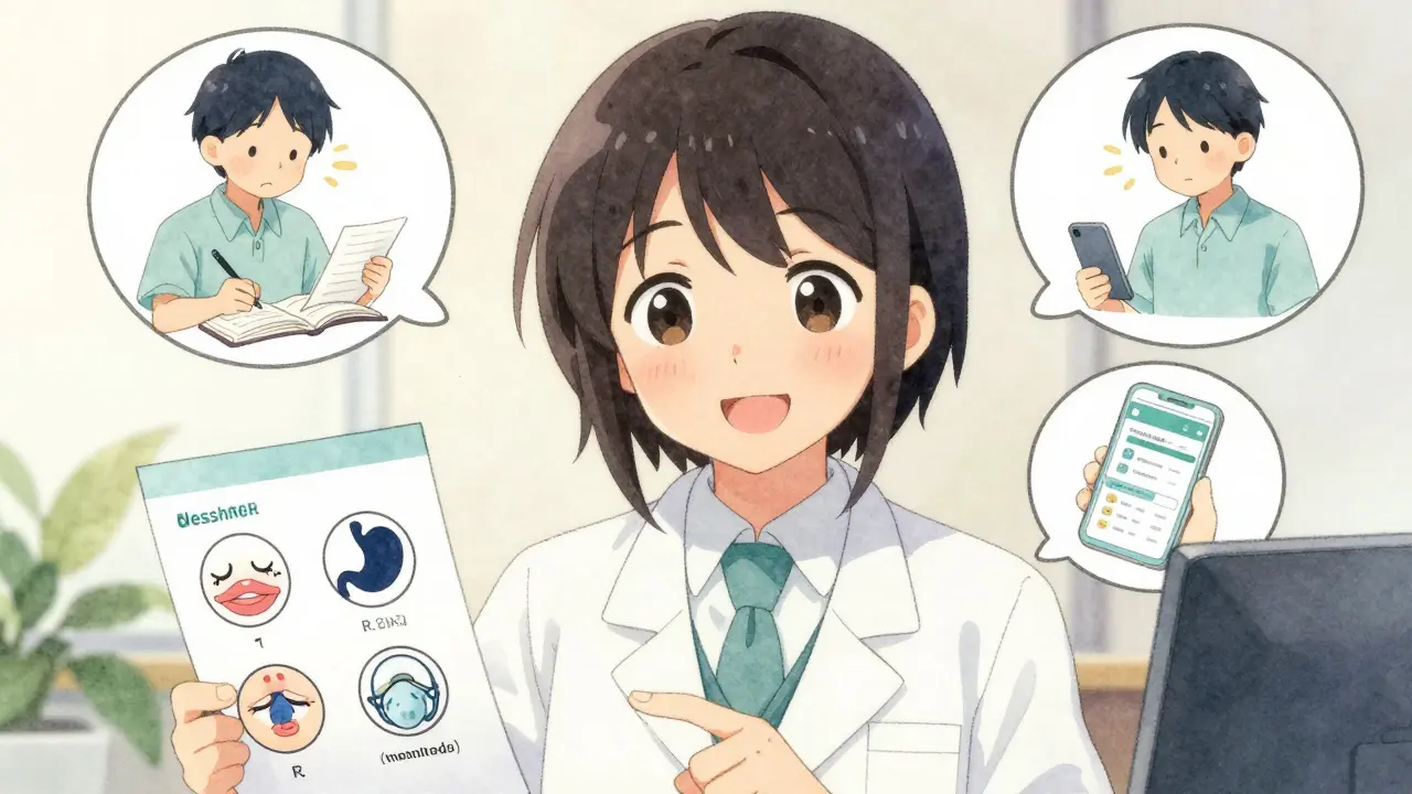 A pharmacist explains medication side effects and allergies using a guide with clear icons, surrounded by thoughtful patient bubbles.
