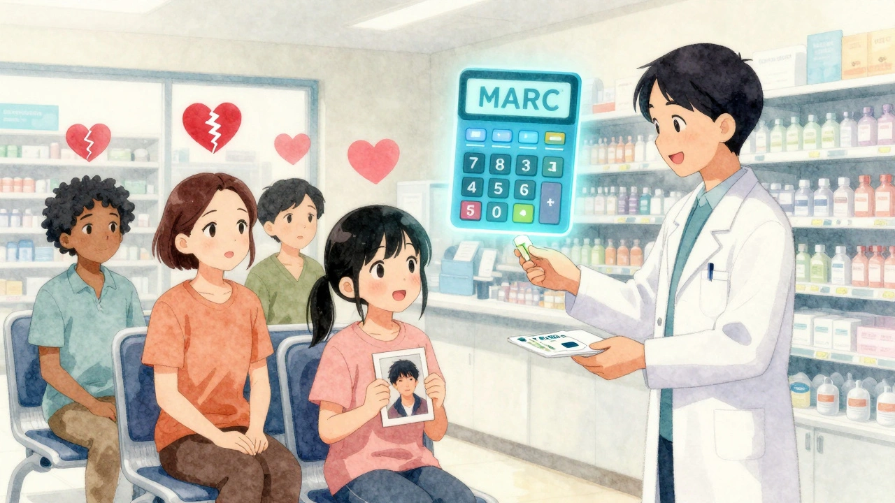 A pharmacist handing a safer antibiotic to a patient while floating heart icons show different risk levels.