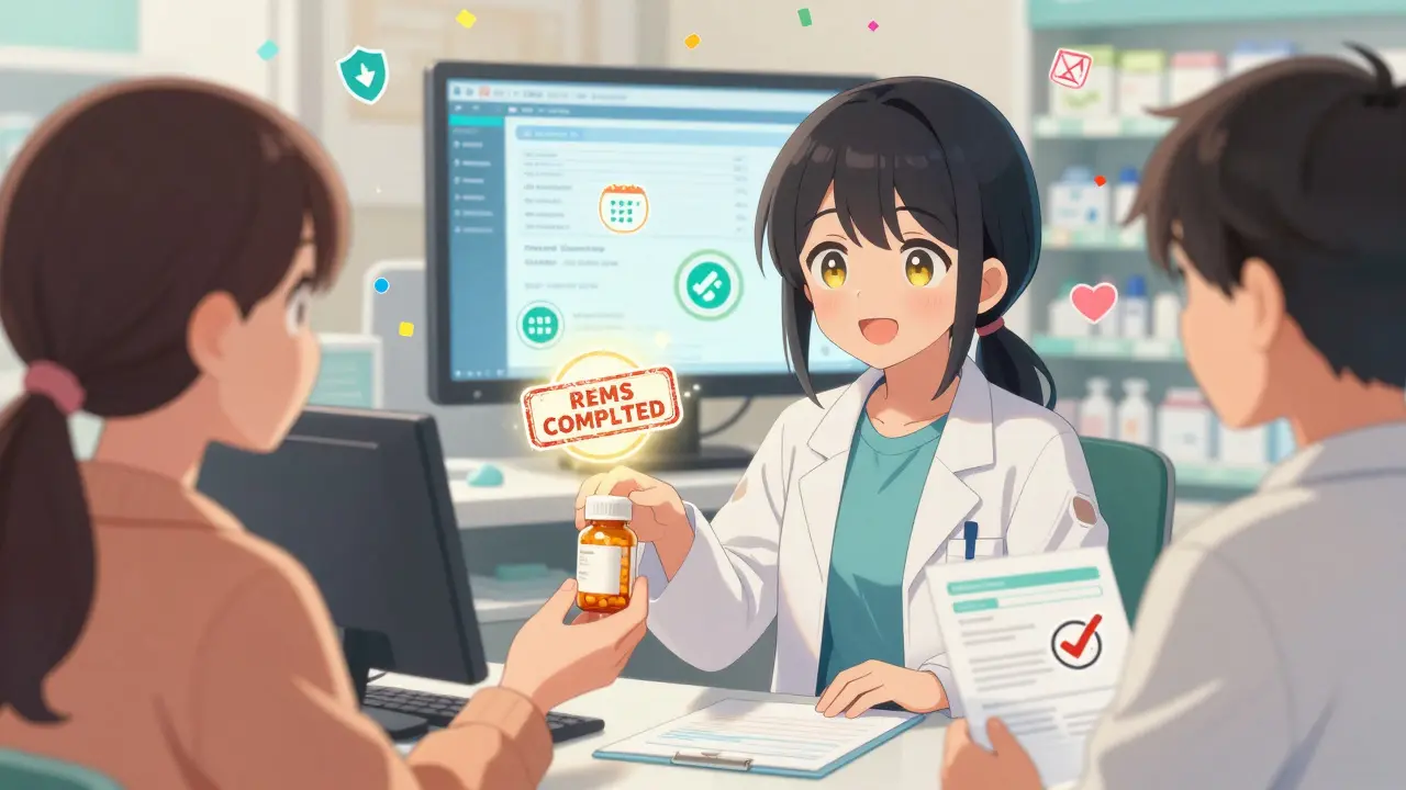 A pharmacist hands a patient a pill bottle with a glowing 'REMS COMPLETED' stamp, confetti swirling in the background.