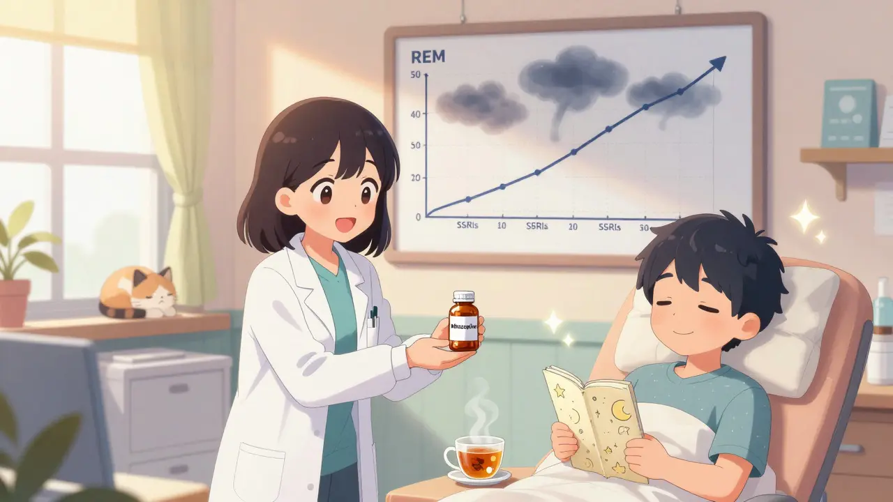 A pharmacist hands a sleep-friendly antidepressant to a smiling patient in a warm clinic, with a sleep diary and tea nearby.