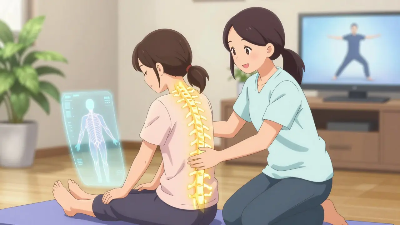 A therapist and patient performing a gentle stretch together, glowing energy tracing the spine.