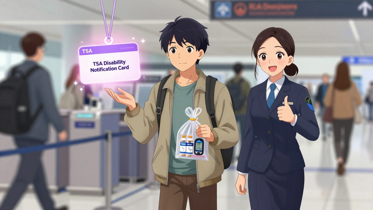 A traveler passes through airport security with clear bag of medical supplies, smiling TSA agent, and glowing notification card.