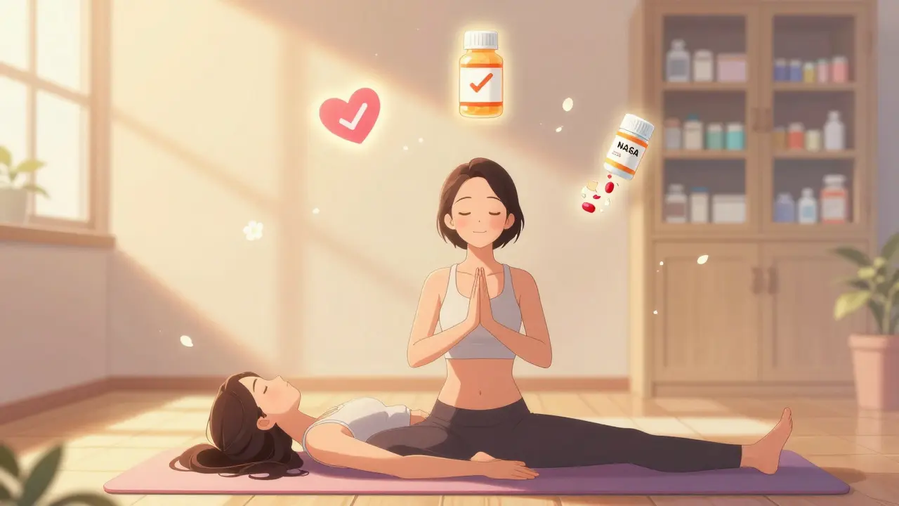 A woman doing yoga peacefully, with symbols of safe pain relief floating gently above her.