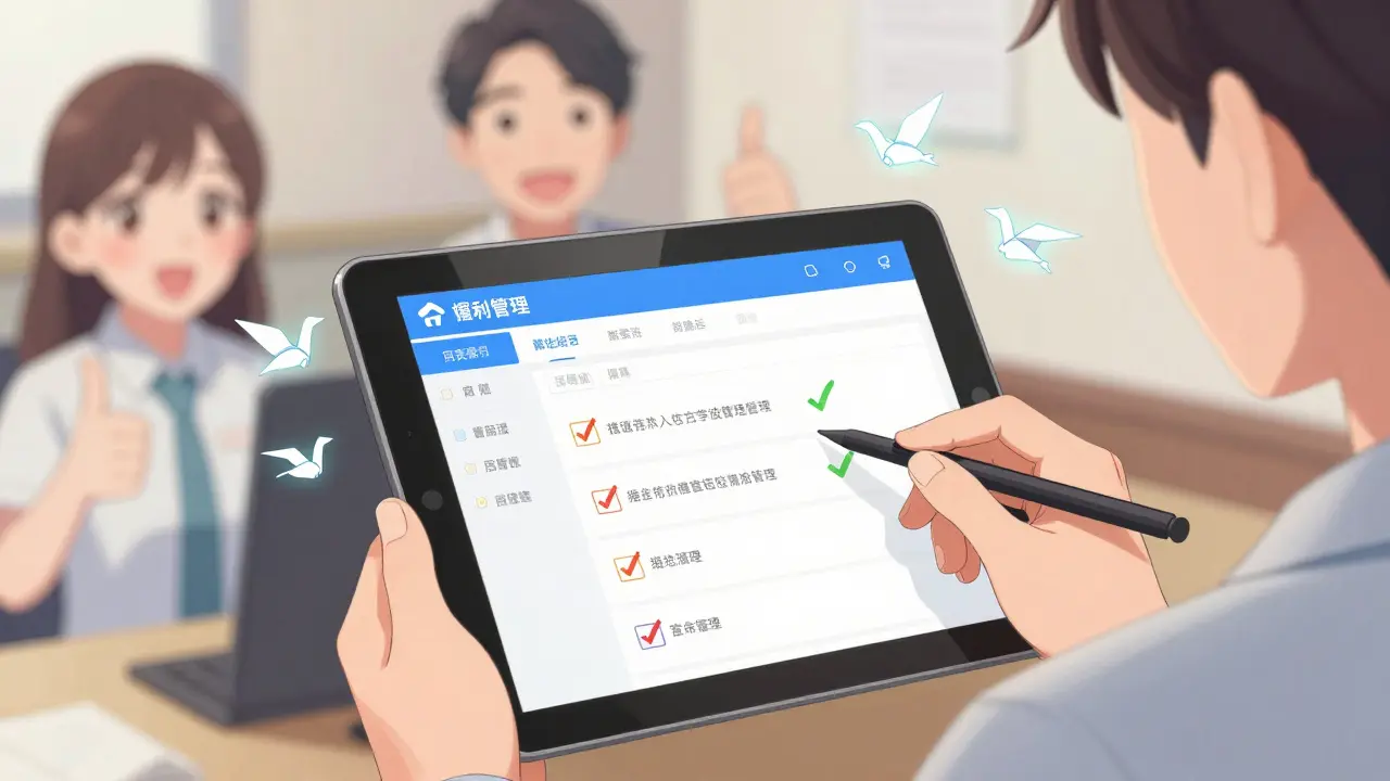 A worker logs data on a tablet with animated audit trails fluttering like paper cranes around the screen.