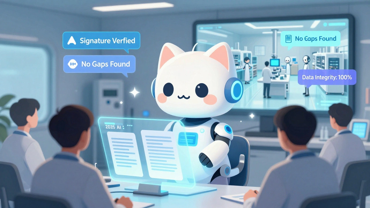 AI assistant with robot cat reviewing digital documents during a remote inspection
