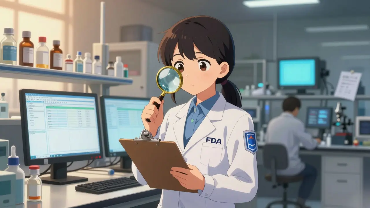 An FDA inspector examines clean digital data in an Indian lab, with a dim, problematic Chinese factory blurred behind.