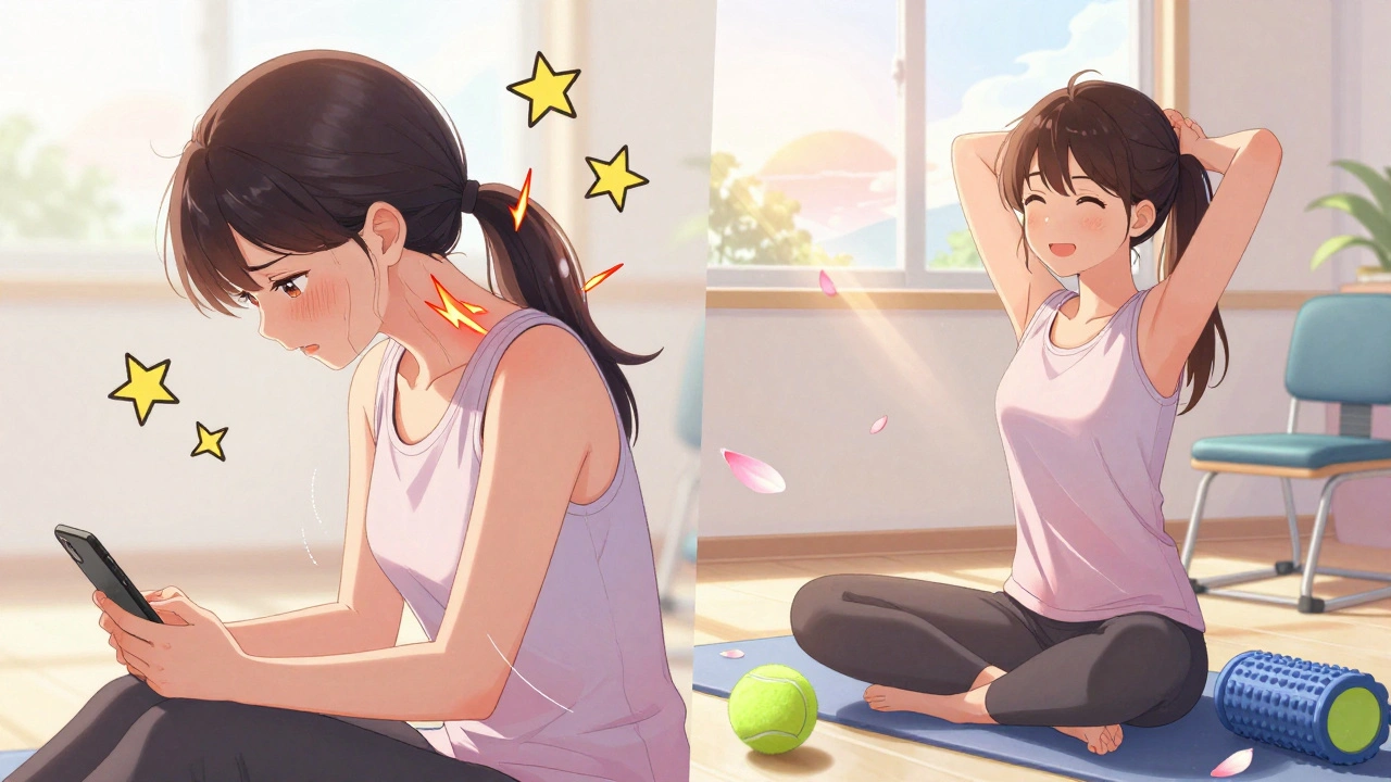 Before-and-after: girl with pain symbols vs. smiling after release, sunlight and petals symbolizing relief.