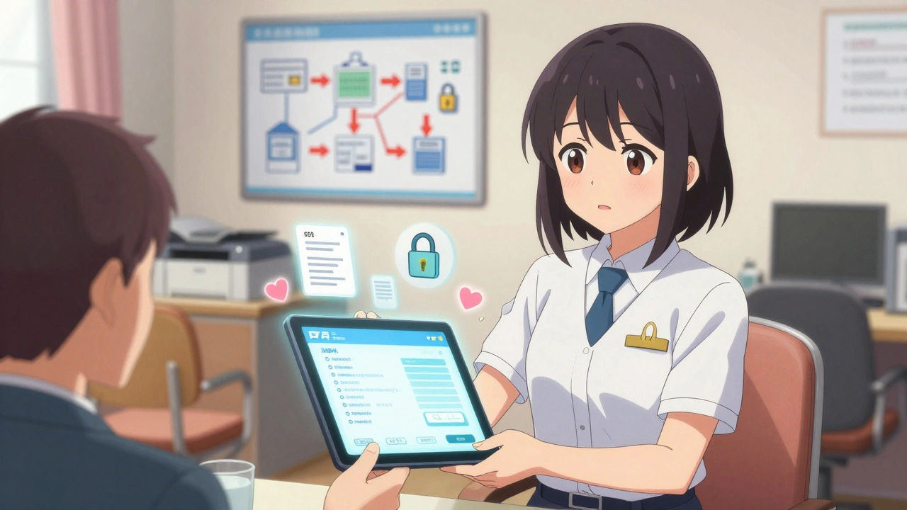 Coordinator handing a glowing tablet to an inspector in a cozy inspection room