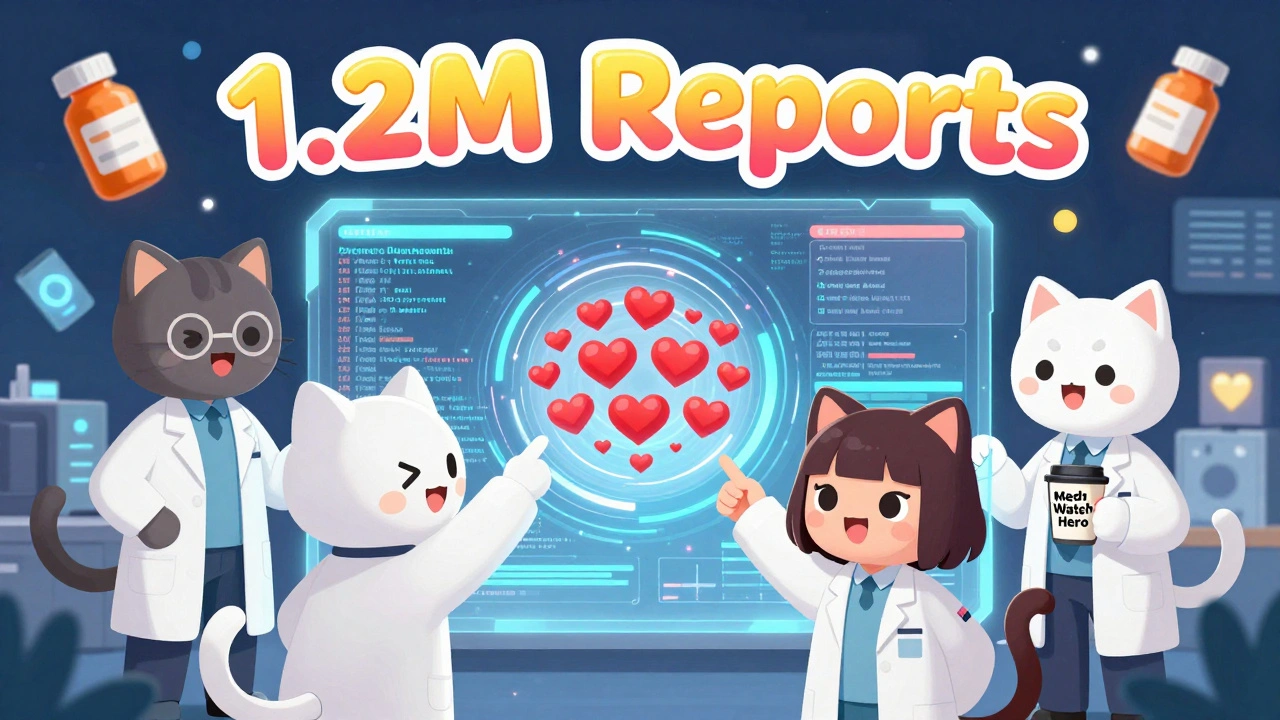 Cute FDA analysts analyze adverse event data on a holographic screen with floating icons.