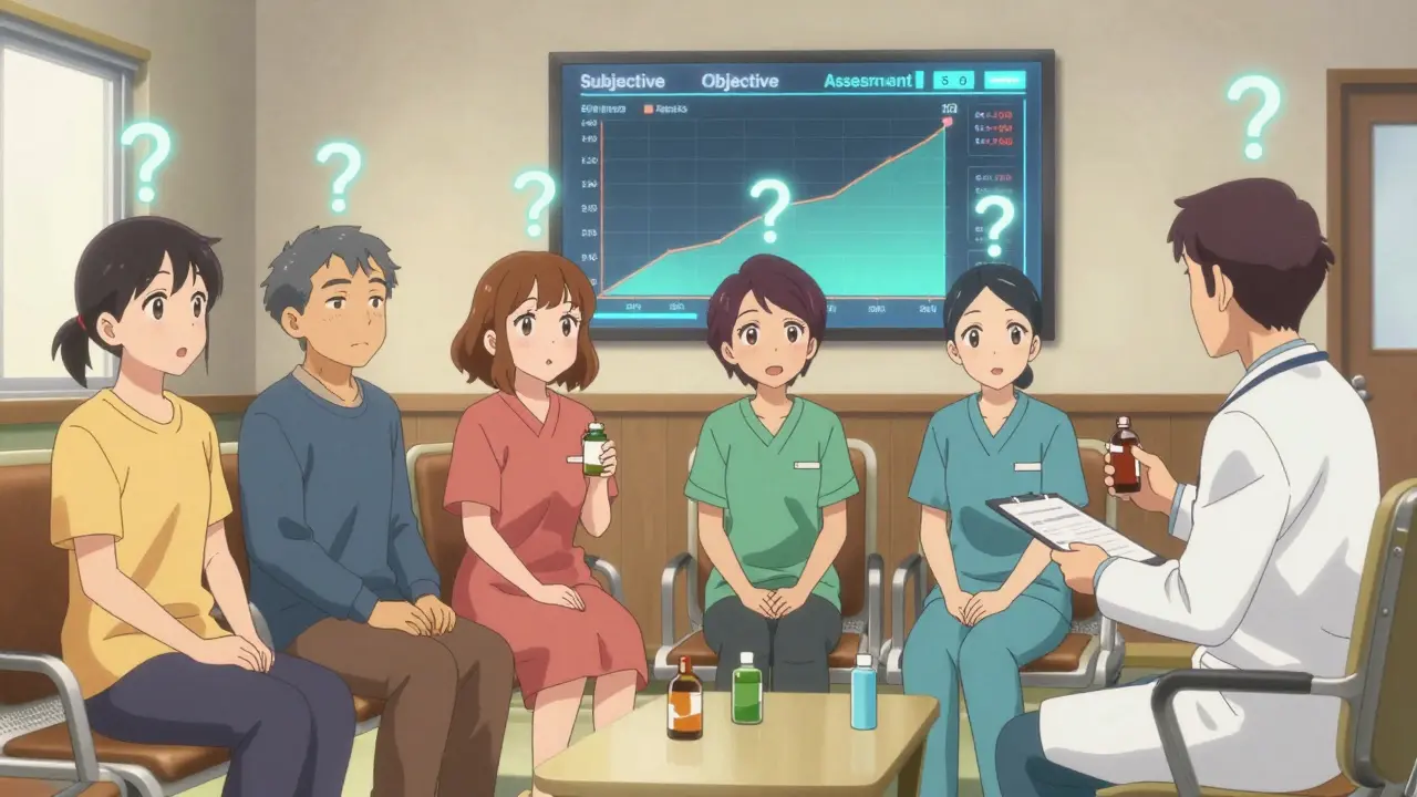 Diverse patients in a clinic confidently discussing medications, with S.O.A.P. method labels glowing above them as they talk to care providers.