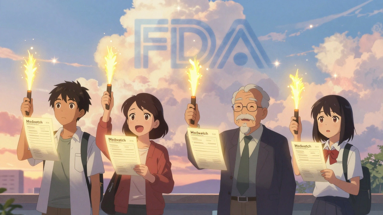 Diverse people send safety reports that rise as glowing signal flares into the sky.