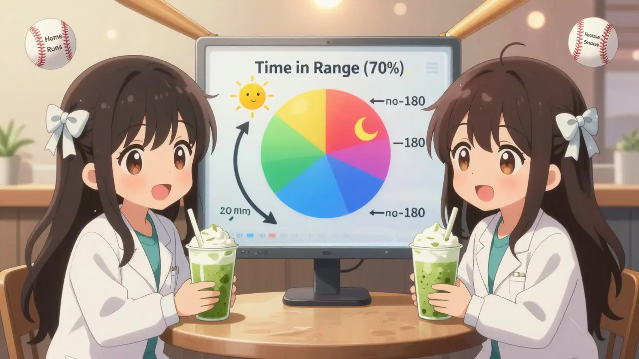 Doctor and patient at café, animated Time in Range chart between them with baseball-themed glucose symbols.