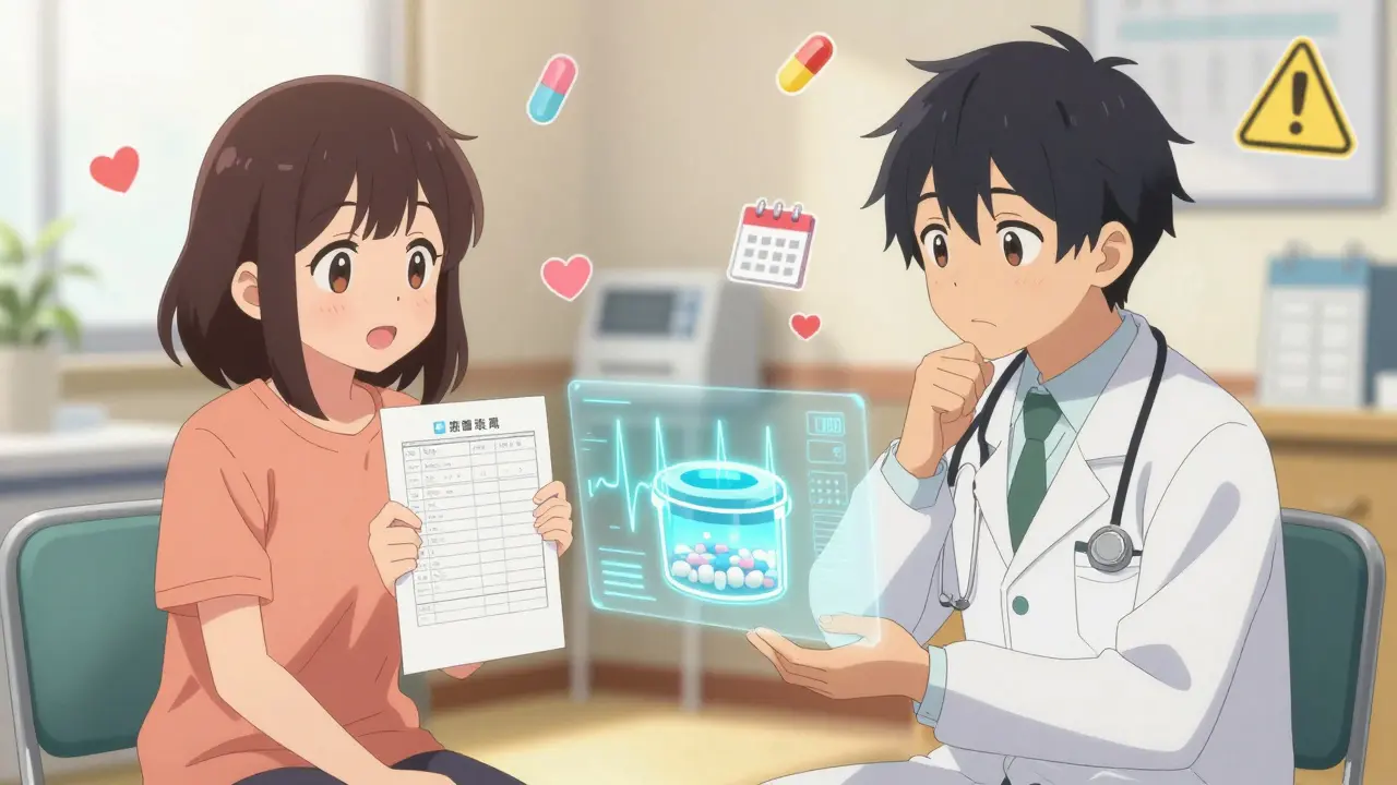 Doctor and patient reviewing medication log together with a holographic adherence dashboard floating between them.