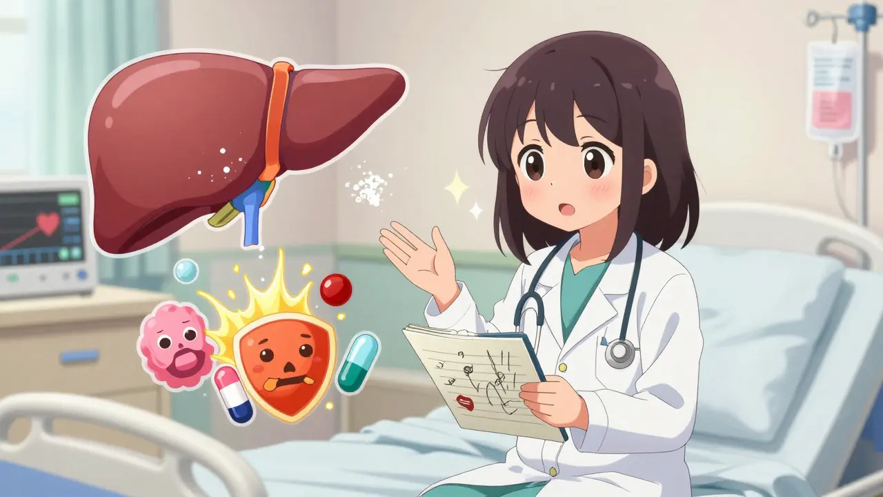 Doctor explaining steroid-induced hyperglycemia with floating visual metaphors of liver, insulin blocks, and fat cells.