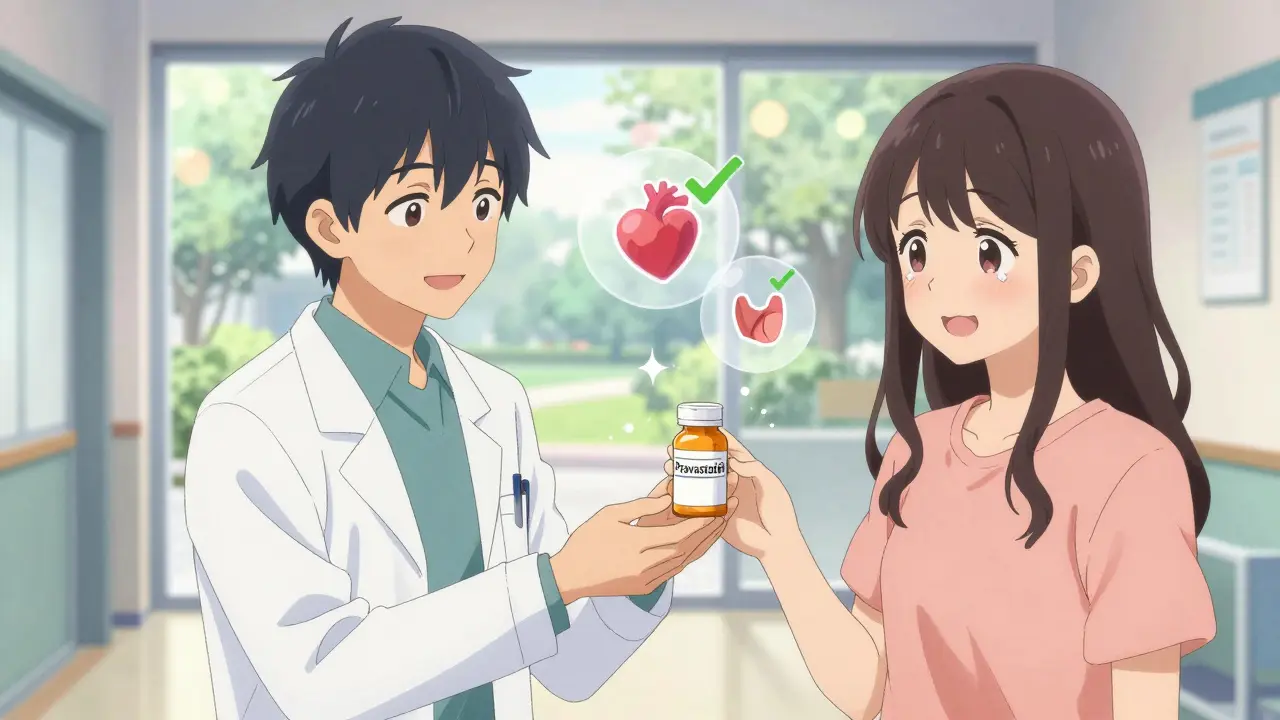 Doctor giving pravastatin pill to smiling patient, heart and muscle checkmarks floating nearby.