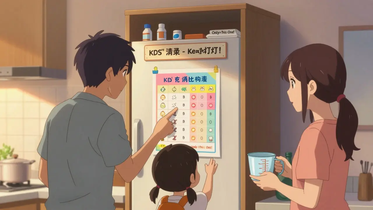Family locking away medications in a high cabinet with a safety poster visible