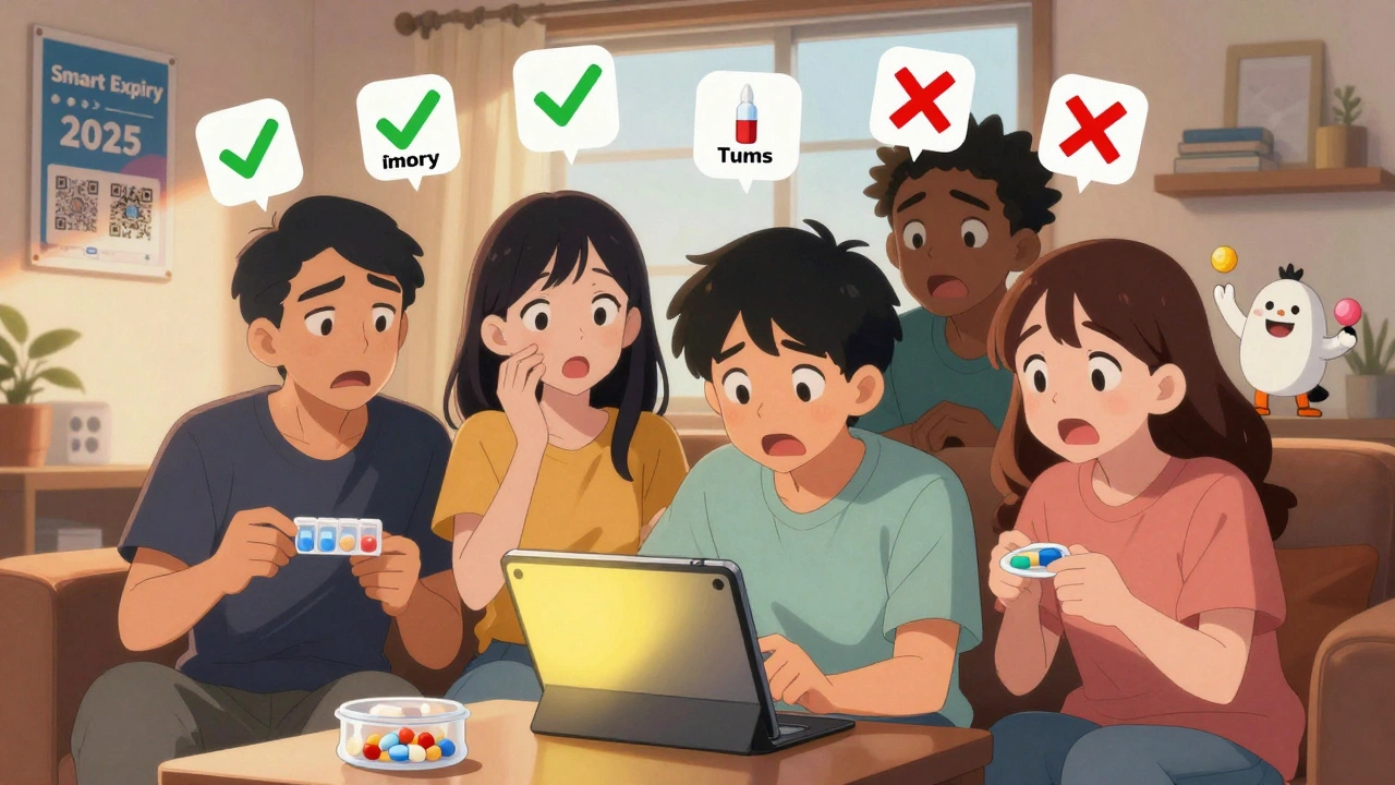Friends reacting to expired pills with visual icons showing which are safe or dangerous to use.
