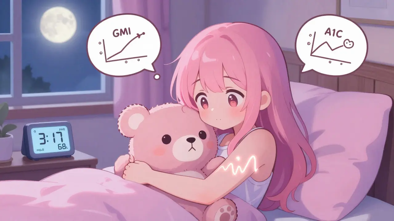 Girl cuddling a CGM teddy bear at night, glowing glucose trends on her arm under moonlight.