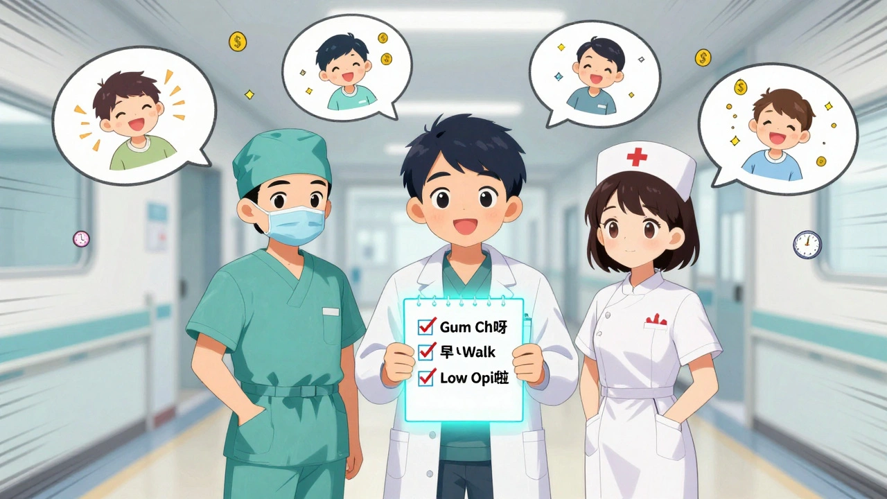 Medical staff holding a checklist for post-op ileus prevention, with happy patient icons floating in the background.