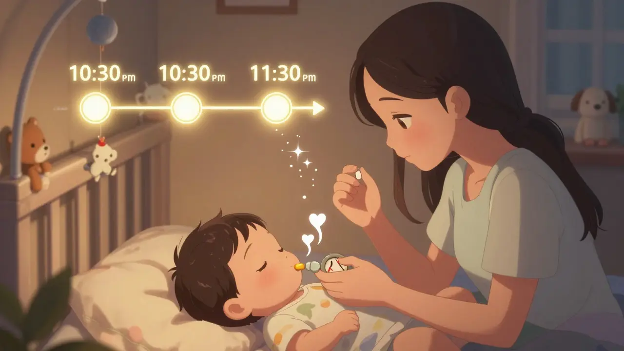 Mother taking pain medication after feeding with safe timing visualized