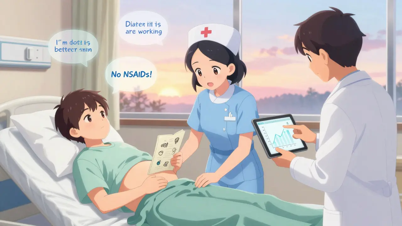 Nurse and patient reviewing daily health log in a calm hospital room