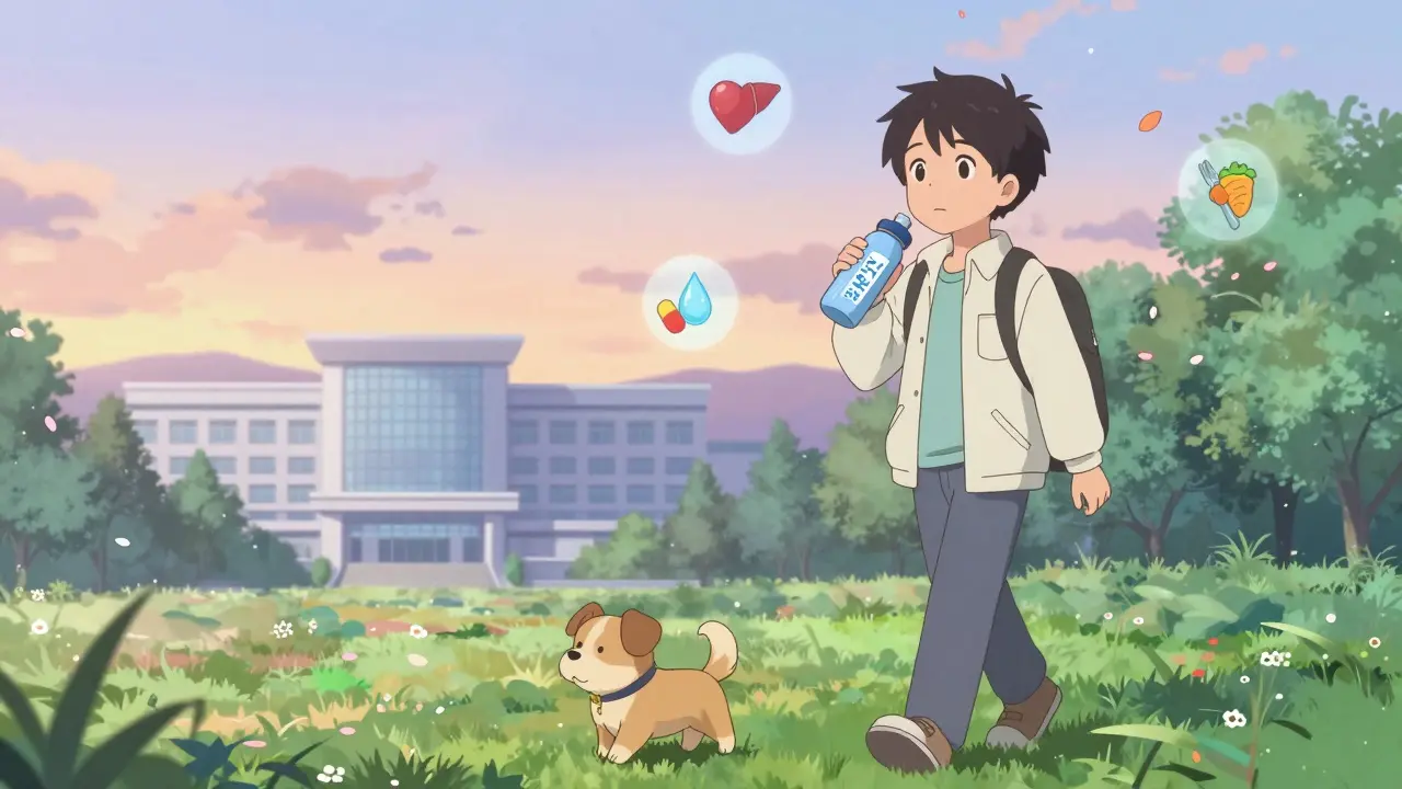 Person walking peacefully in park with water bottle, symbolizing managed ascites