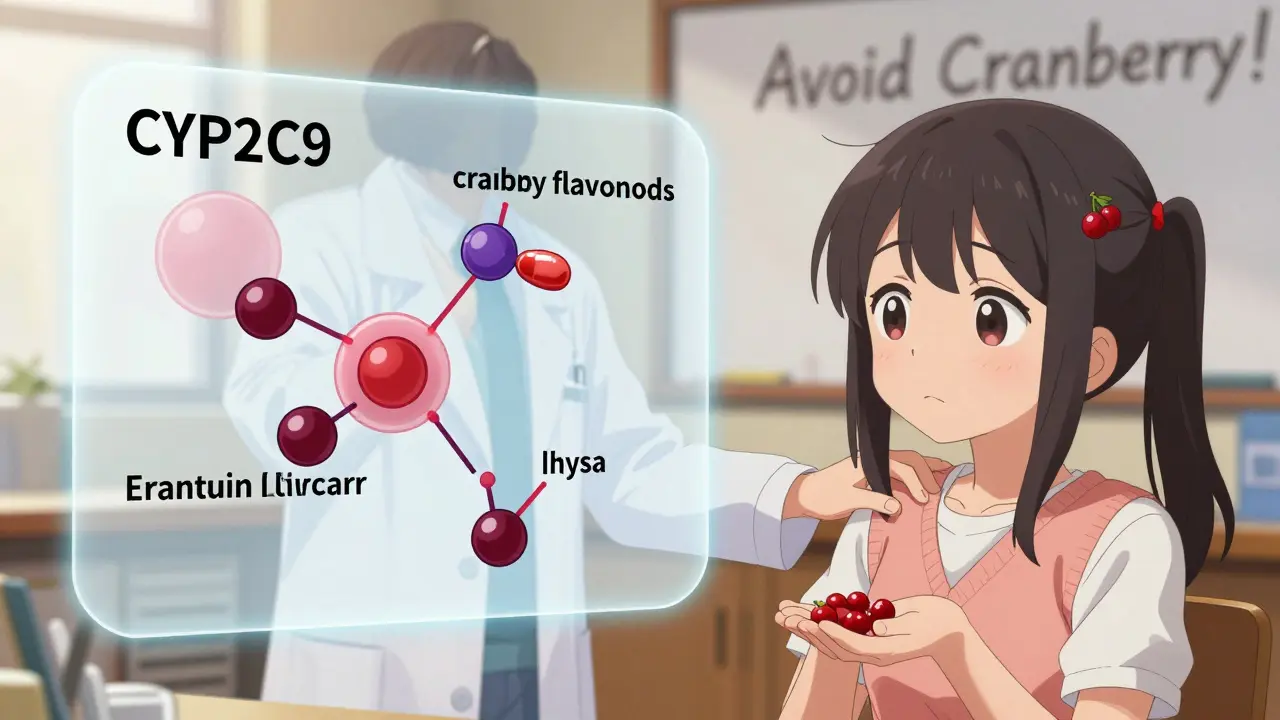 Pharmacist advising girl to avoid cranberry capsules with enzyme interaction diagram.