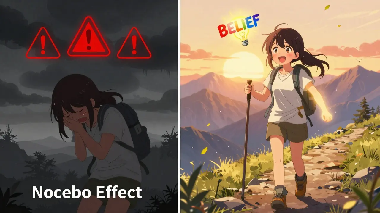 Split scene: girl in pain vs. hiking happily, brain icon showing belief changing from red to blue.