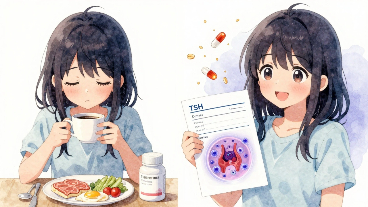 Split scene showing the effect of coffee and calcium on thyroid medication versus proper routine.