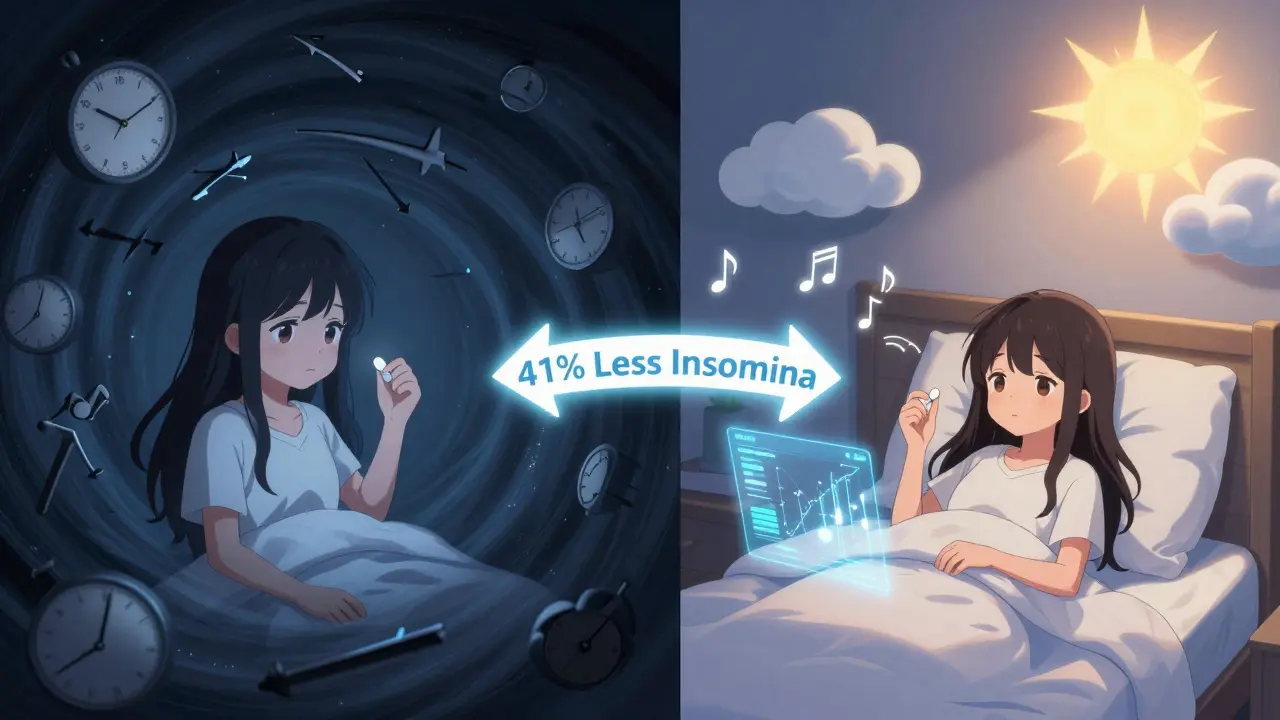 Split scene showing the same person taking medication at night (distressed) vs. morning (calm), with a glowing arrow showing improved sleep.