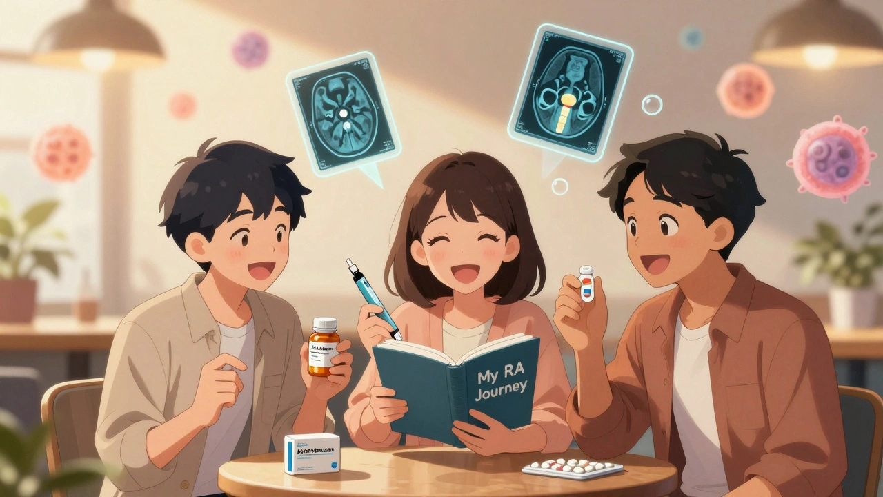 Three friends in a café sharing RA meds and a journal, with healing joint icons floating above them in warm light.