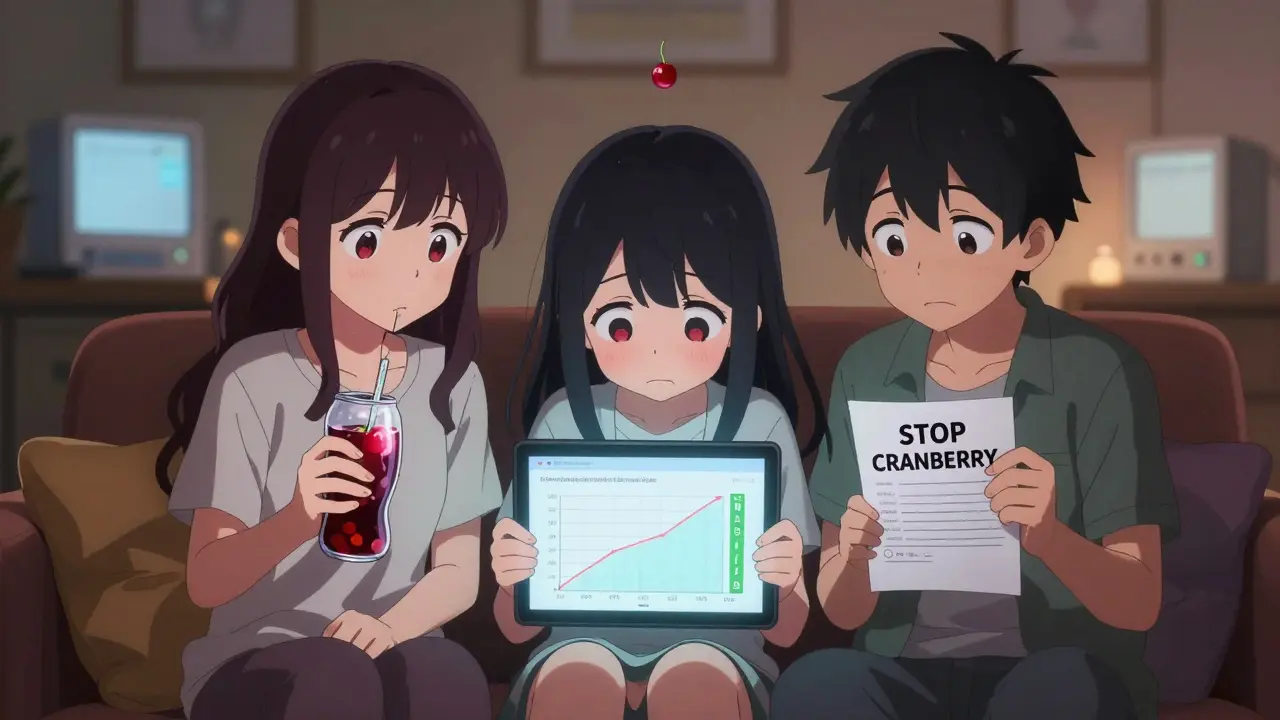 Three friends reacting to a doctor's warning about cranberry and warfarin risks.