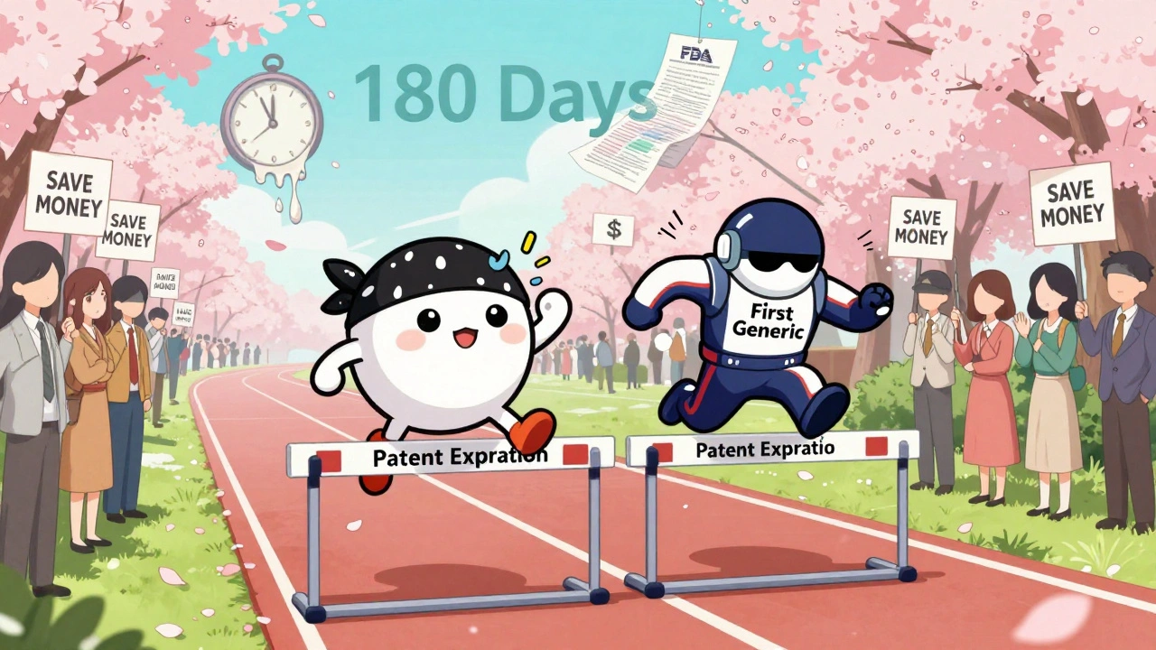 Two cartoon pills racing on a track, one stumbling, the other gliding past a fading 180-day finish line.