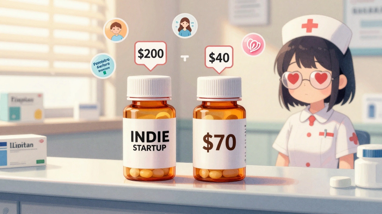 Two identical pill bottles on a counter with different price drops, watched by a nurse with heart-shaped glasses.