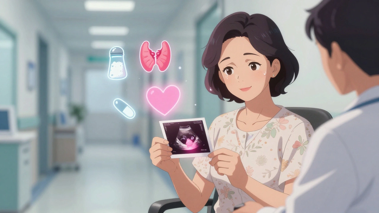 Woman in her 50s smiling in a doctor’s office, holding an ultrasound showing her shrinking thyroid, with floating health icons.