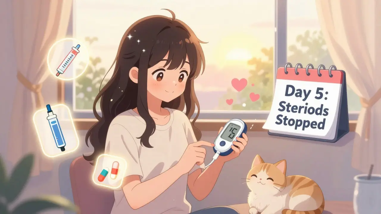 Woman turning off glucose monitor after stopping steroids, sunrise window, cat beside her, fading sugar icons.