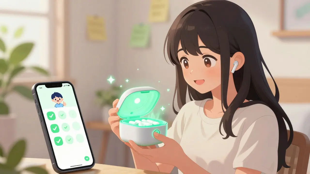 Young woman opening a glowing smart pillbox with her phone showing adherence data and AI avatar.