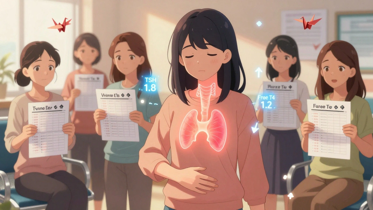 Young women in a clinic with personalized thyroid charts and glowing thyroid icons, symbolizing awareness and healing.