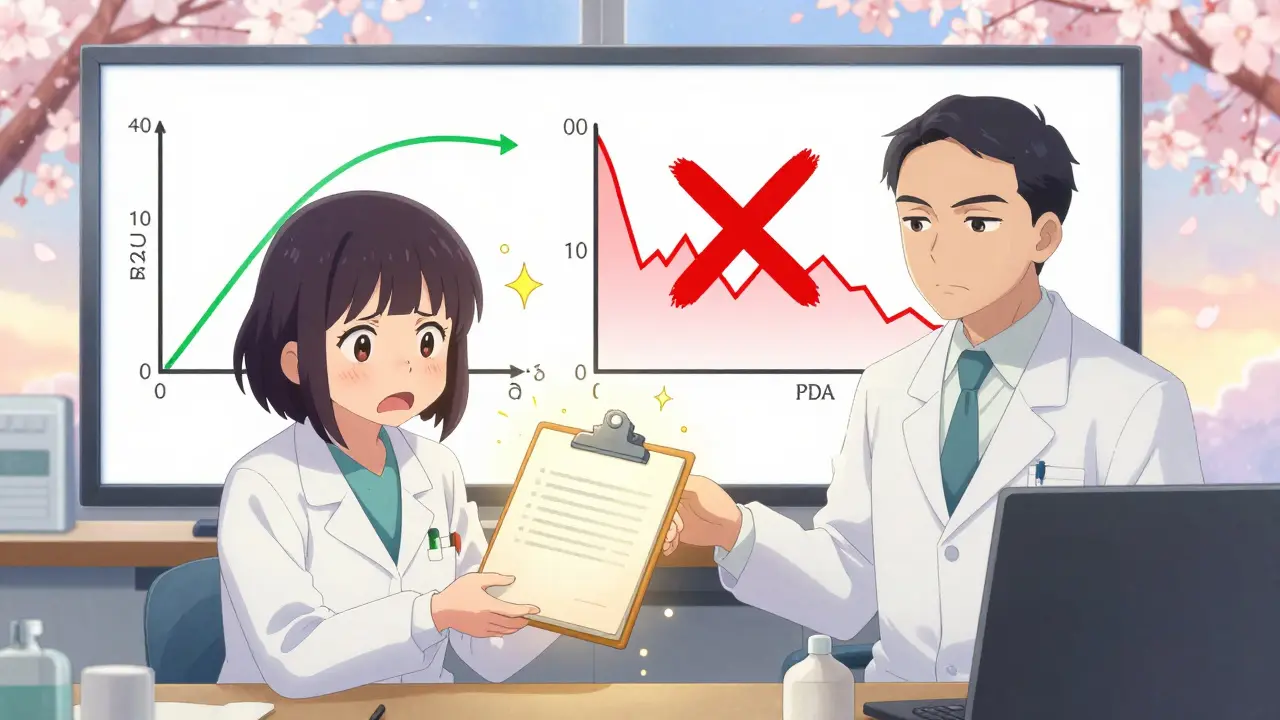 A developer hands a drug submission to an FDA inspector, with matching and failing drug curves shown on a split screen in moe anime style.