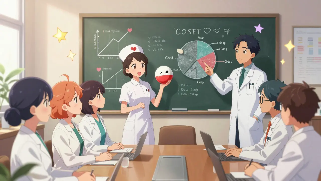 A diverse medical team in a cozy conference room debating drug choices using doodled graphs and heart-shaped safety icons.