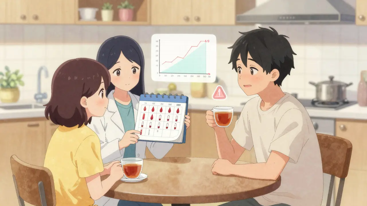 A doctor and patient sharing tea at a kitchen table with a weekly blood test calendar visible.