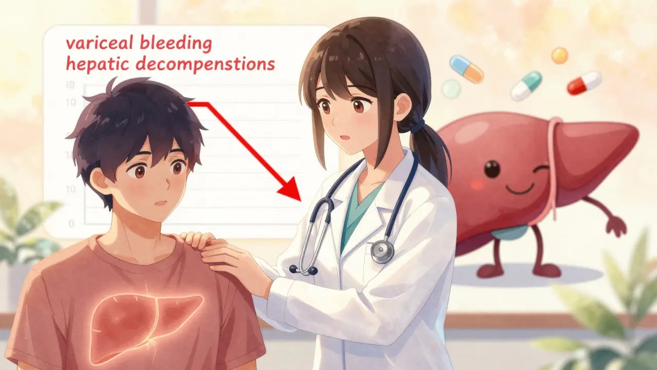 A doctor comforts a patient as animated graphs show reduced liver risks in the background.
