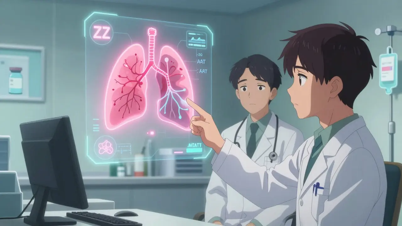 A doctor shows a glowing genetic diagram of faulty AAT protein in lungs and liver to a patient.