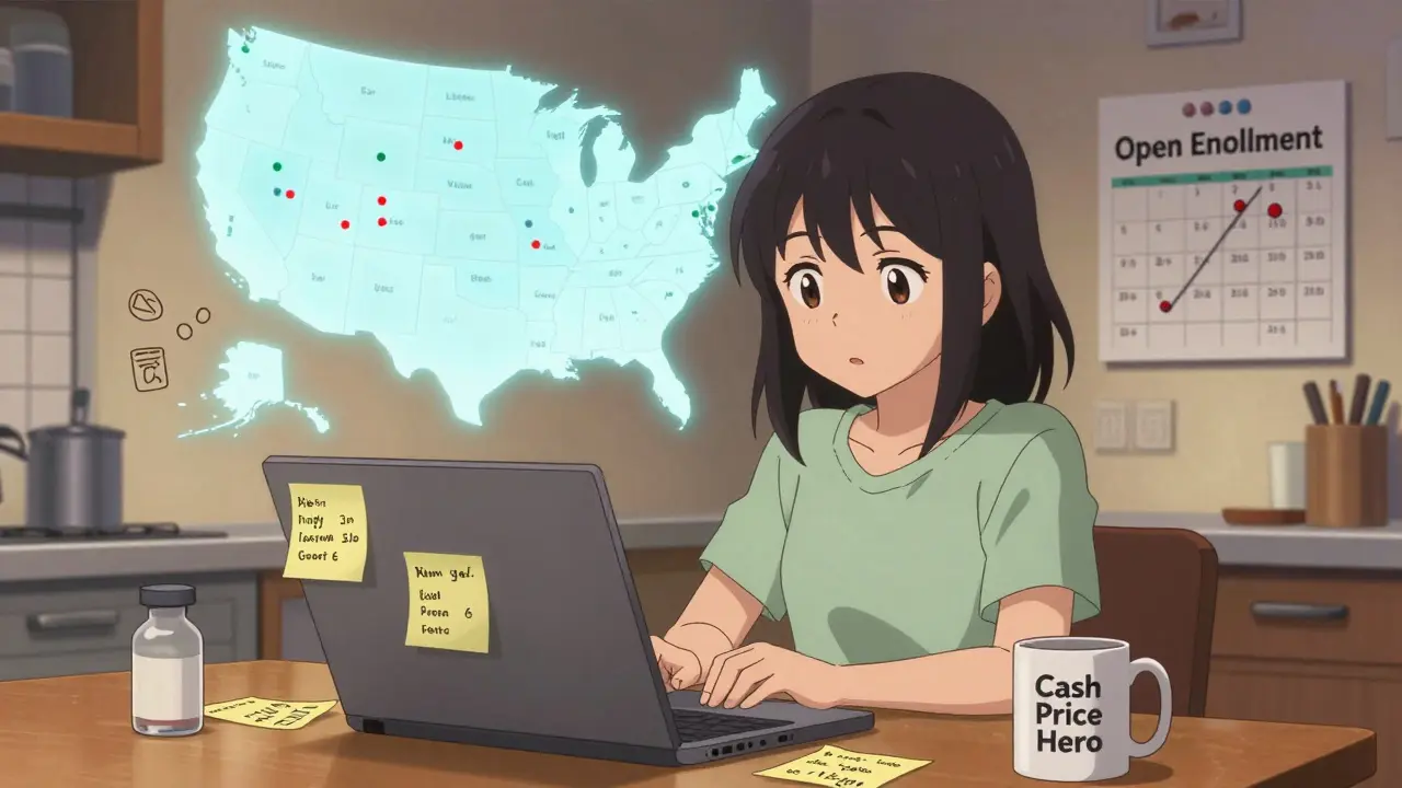 A girl at a kitchen table comparing medication prices and planning her Medicare enrollment.