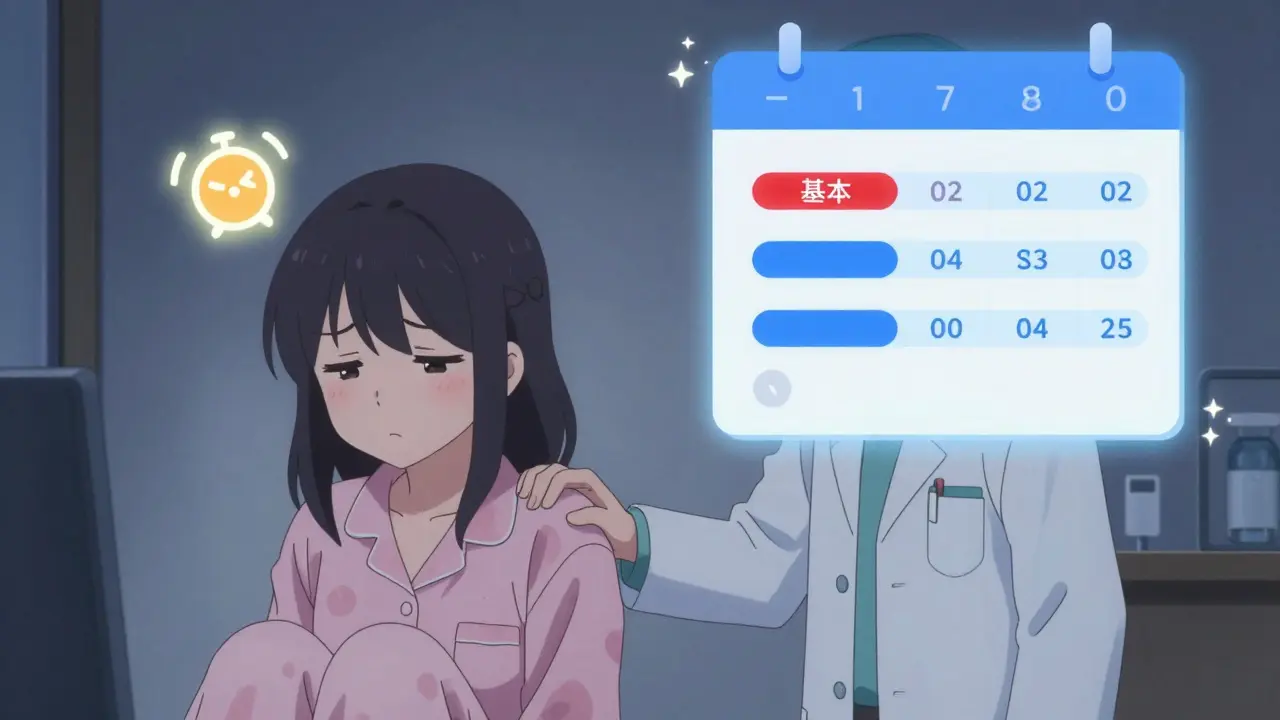 A girl being gently guided by a pharmacist as correct medication timing appears on a digital calendar.
