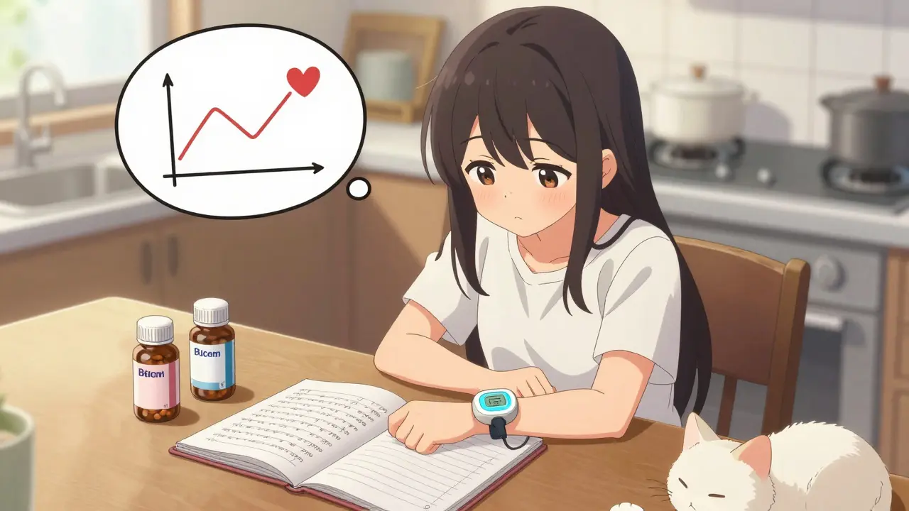 A girl checks her blood sugar with a monitor, comparing pill bottles, calm and stable in a cozy kitchen.