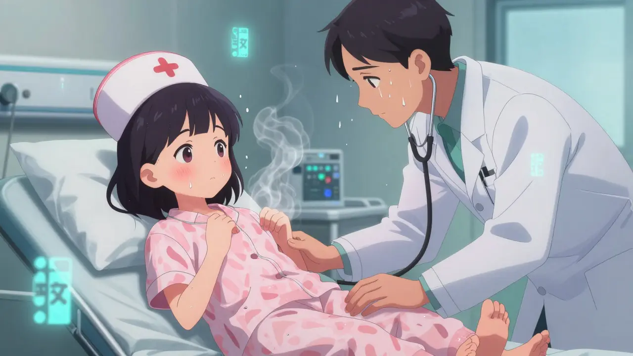 A girl in a hospital bed with muscle spasms, being cared for by a nurse under soft emergency room lighting.