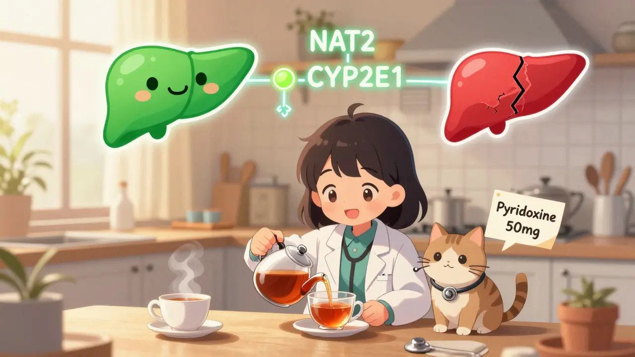 A girl in a lab coat pouring tea with a cat wearing a stethoscope, floating liver icons and enzyme pathways in warm lighting.